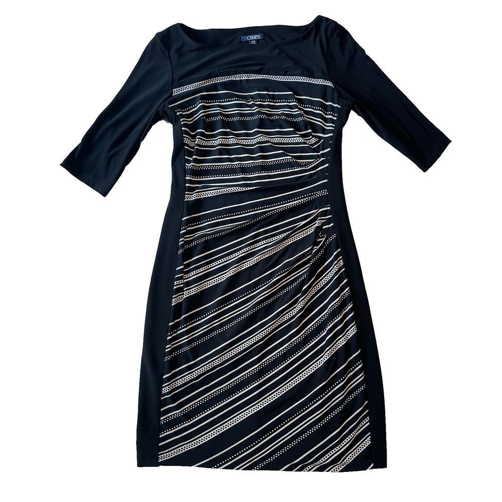 Chaps Womens Black White Striped Ruched Sheath Dress 3/4 Sleeve Size M RN41381